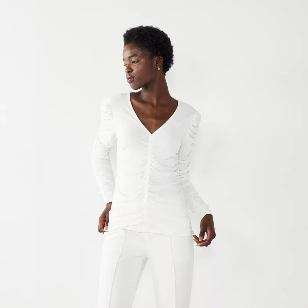 Nine West White Ruched V-Neck Long Sleeve Top in Size XL